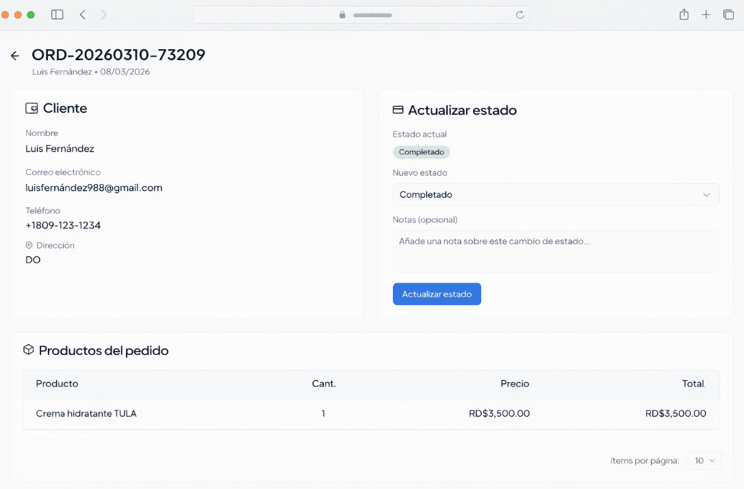 Detalle de pedido en Avalun con datos de cliente, estado y productos